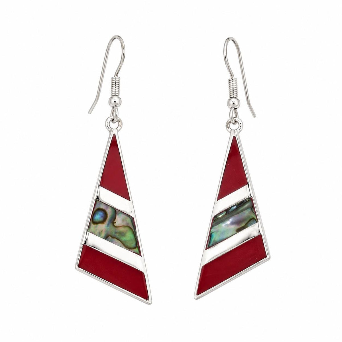 Handcrafted Triangle Abalone Earrings with Red Enamel Resin – Silver Plated Artisan Jewelry from Mexico