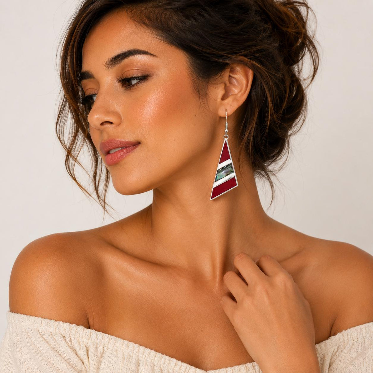 Handcrafted Triangle Abalone Earrings with Red Enamel Resin – Silver Plated Artisan Jewelry from Mexico