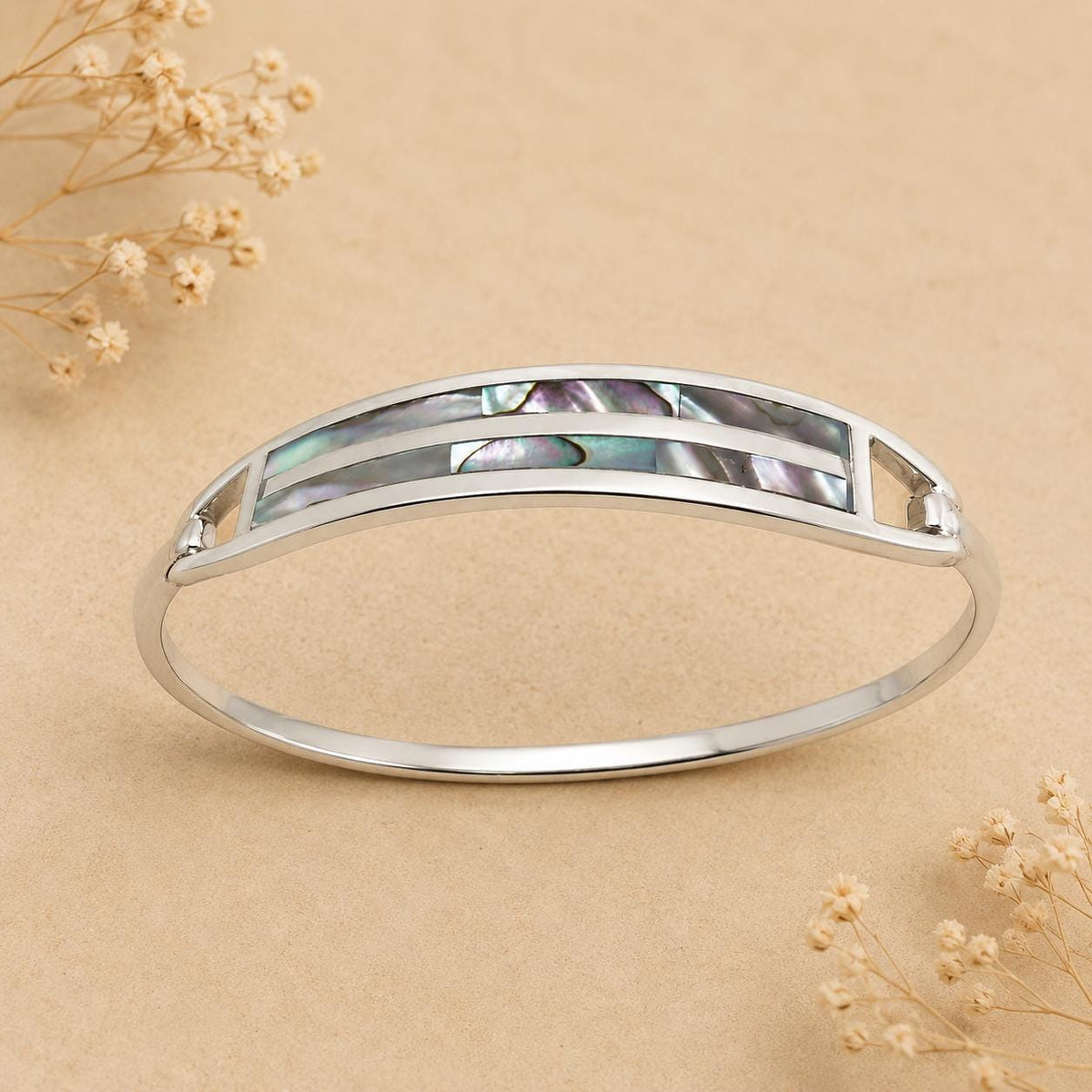 Elegant Silver Plated Mexican Bracelet with Art Deco Abalone Inlay