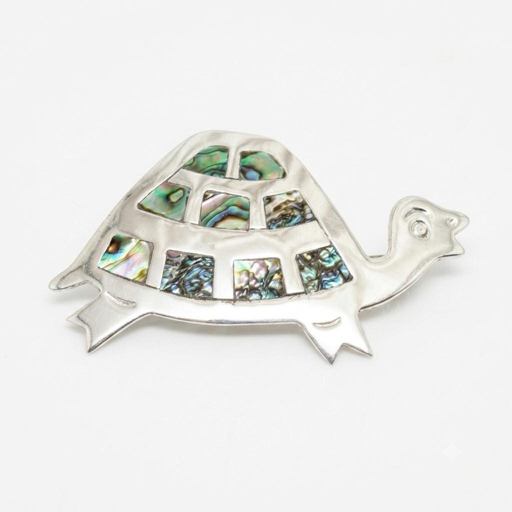 Silver Plated Abalone Shell Turtle Pendant, Aztec Boho Artisan Jewelry, Taxco Mexico