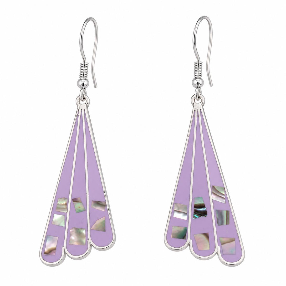 Handmade Silver Plated Abalone Inlay Fan Earrings in Art Deco Style from Mexico