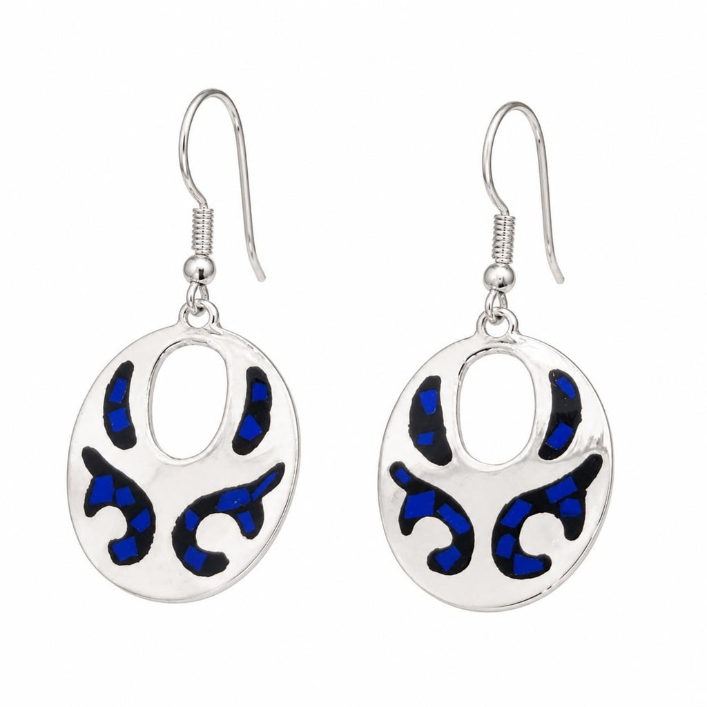 Handmade Silver Plated Mexican Earrings with Blue Black Resin, Unique Boho Chic Design