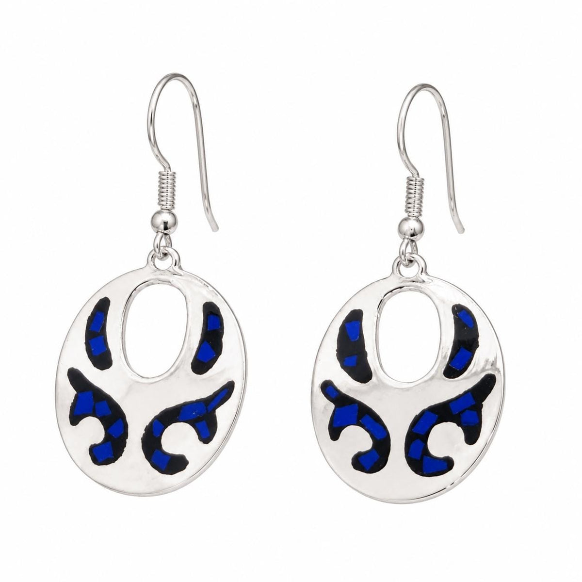Handmade Silver Plated Mexican Earrings with Blue Black Resin, Unique Boho Chic Design