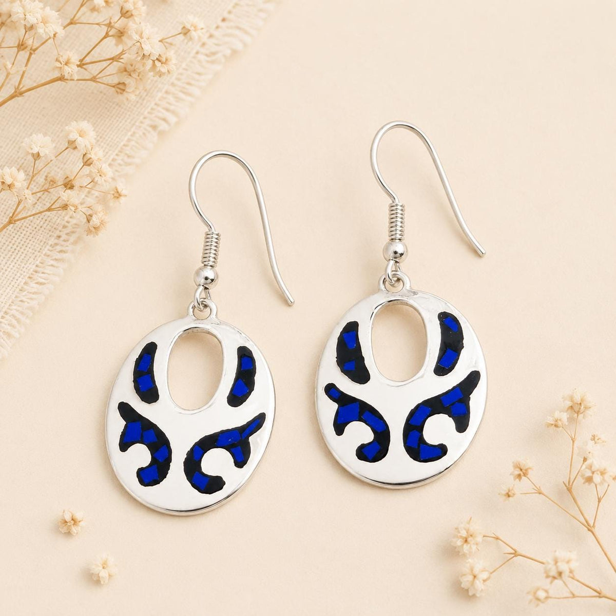 Handmade Silver Plated Mexican Earrings with Blue Black Resin, Unique Boho Chic Design