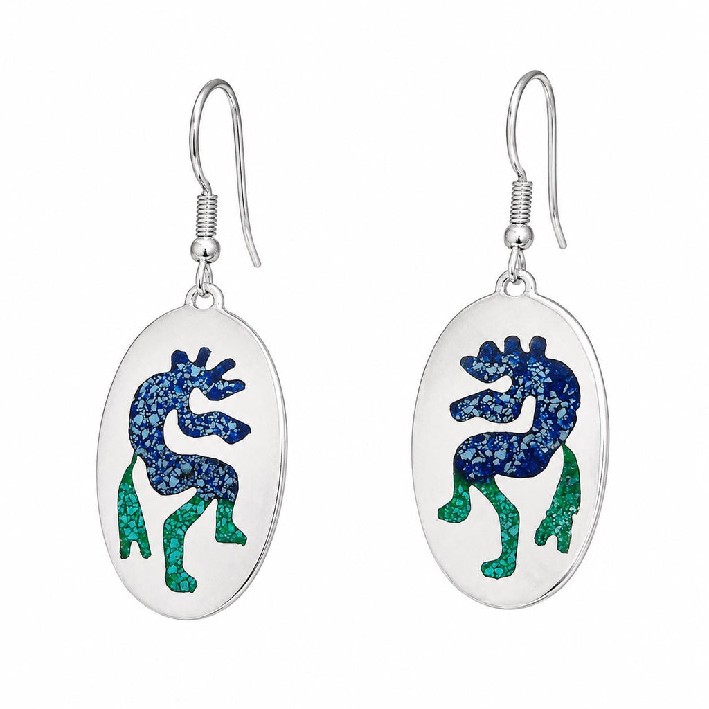Silver Plated Kokopeli Earrings: Malachite Turquoise Enamel Dangle, Artisan Mexican Jewelry