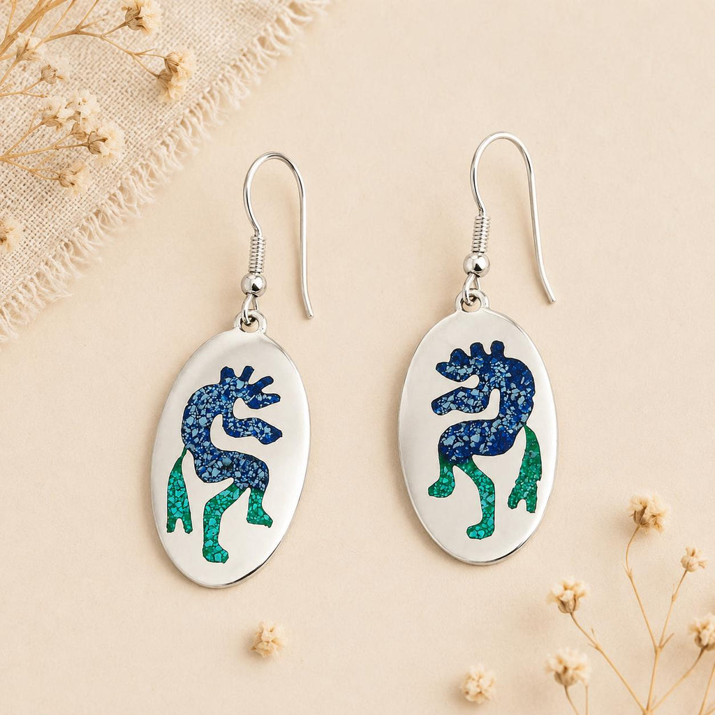 Silver Plated Kokopeli Earrings: Malachite Turquoise Enamel Dangle, Artisan Mexican Jewelry