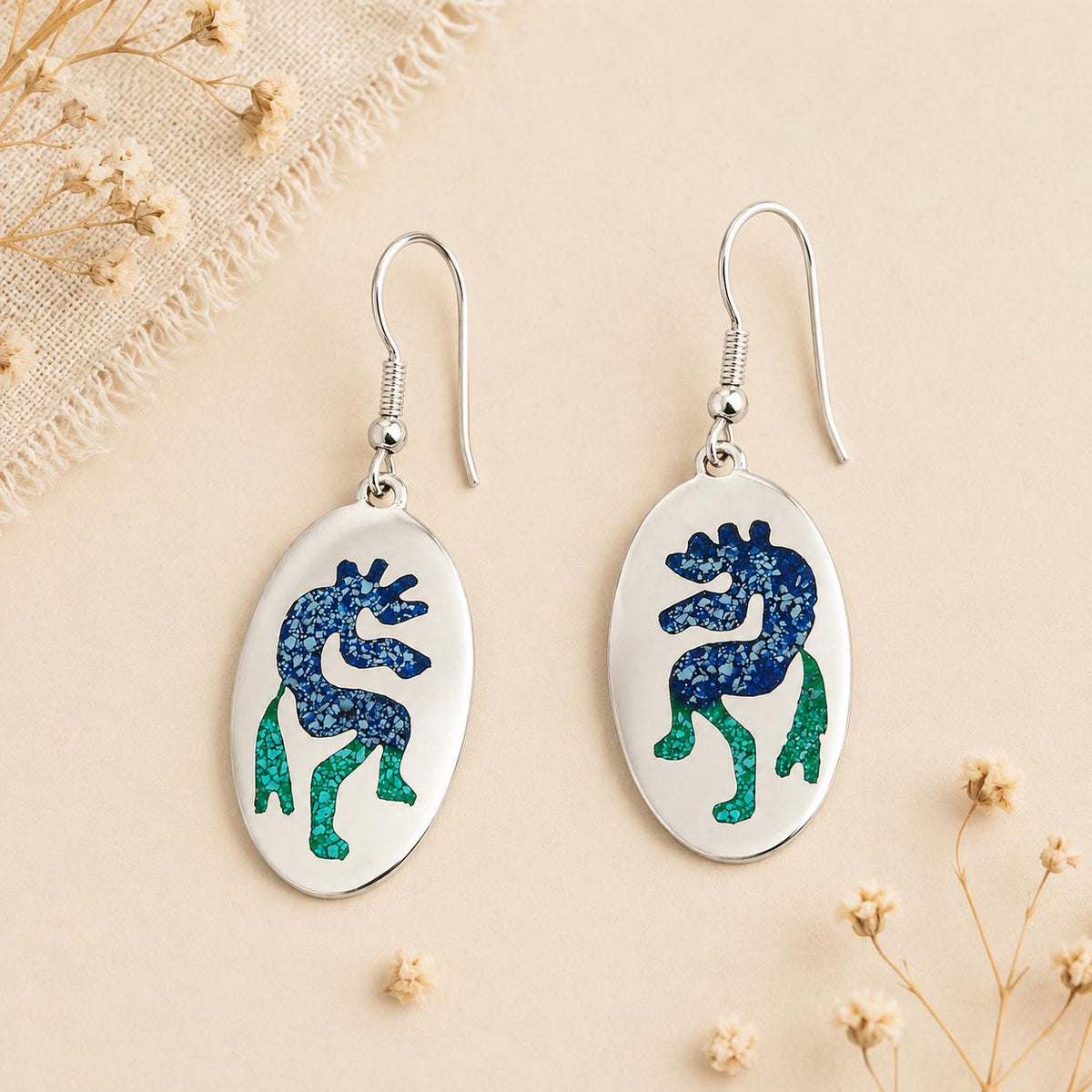 Silver Plated Kokopeli Earrings: Malachite Turquoise Enamel Dangle, Artisan Mexican Jewelry