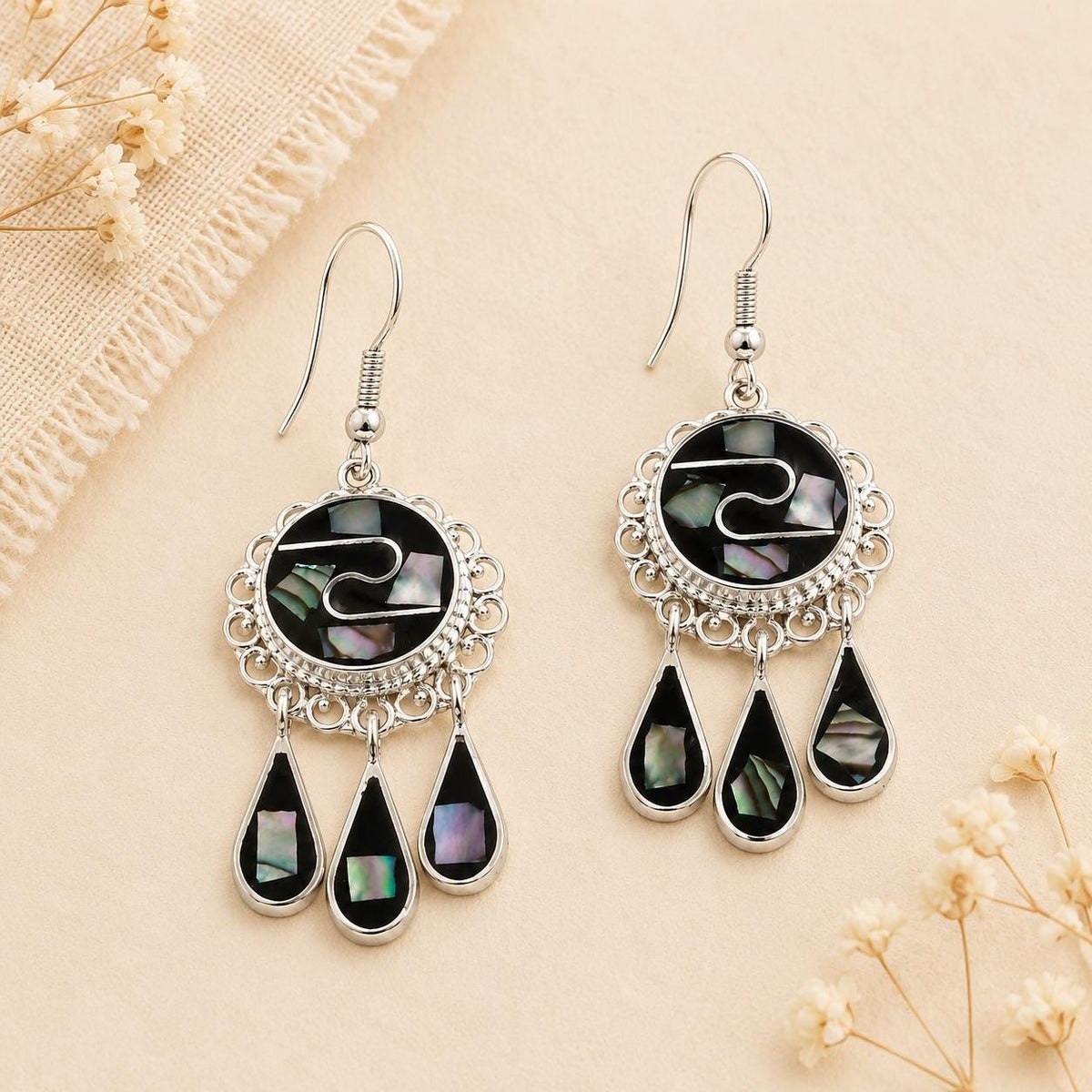 Art Deco Abalone Tassel Earrings – Silver Plated Boho Chic Jewelry