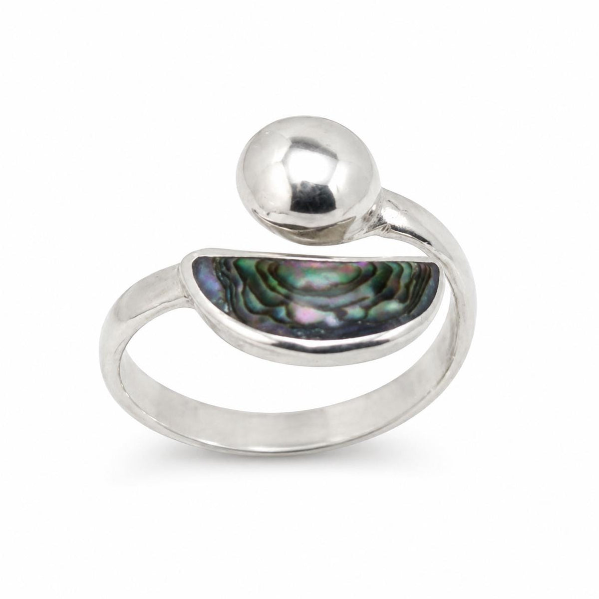 Handcrafted Abalone Crescent Moon Ring, Taxco Artisan Silver Plated Jewelry