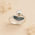 Handcrafted Abalone Crescent Moon Ring, Taxco Artisan Silver Plated Jewelry