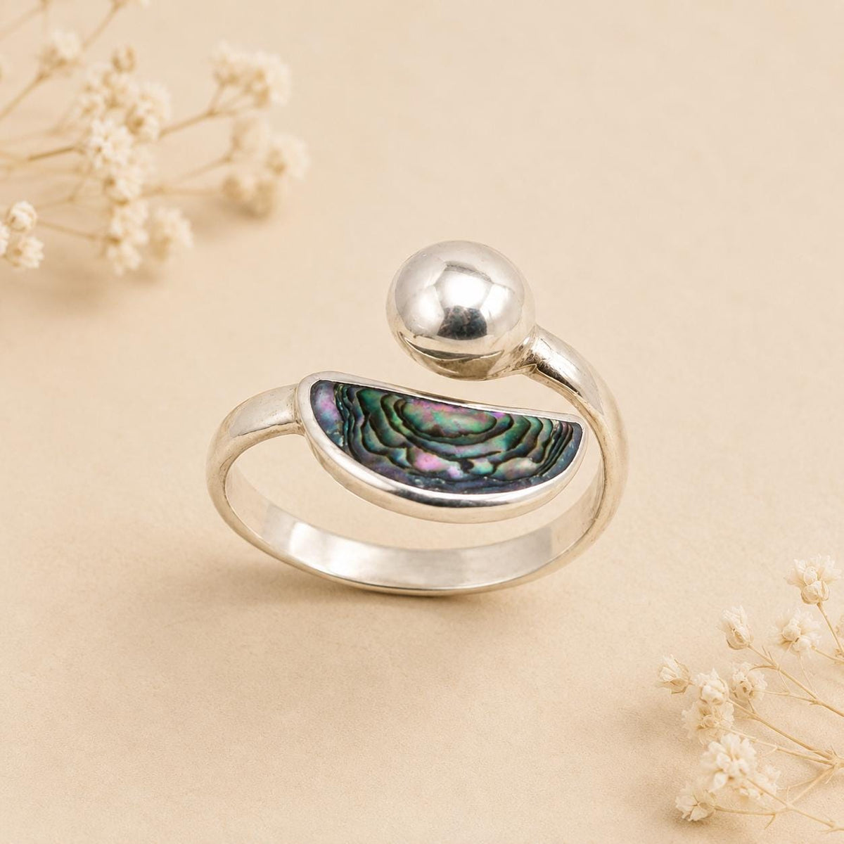 Handcrafted Abalone Crescent Moon Ring, Taxco Artisan Silver Plated Jewelry