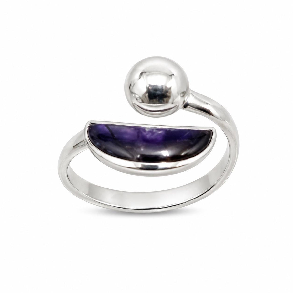 Silver Plated Abalone Crescent Moon Ring – Artisan Taxco Jewelry, Lightweight Design