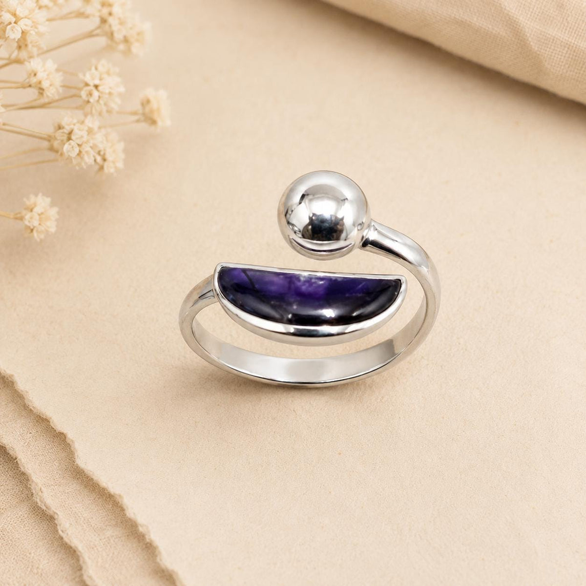 Silver Plated Abalone Crescent Moon Ring – Artisan Taxco Jewelry, Lightweight Design