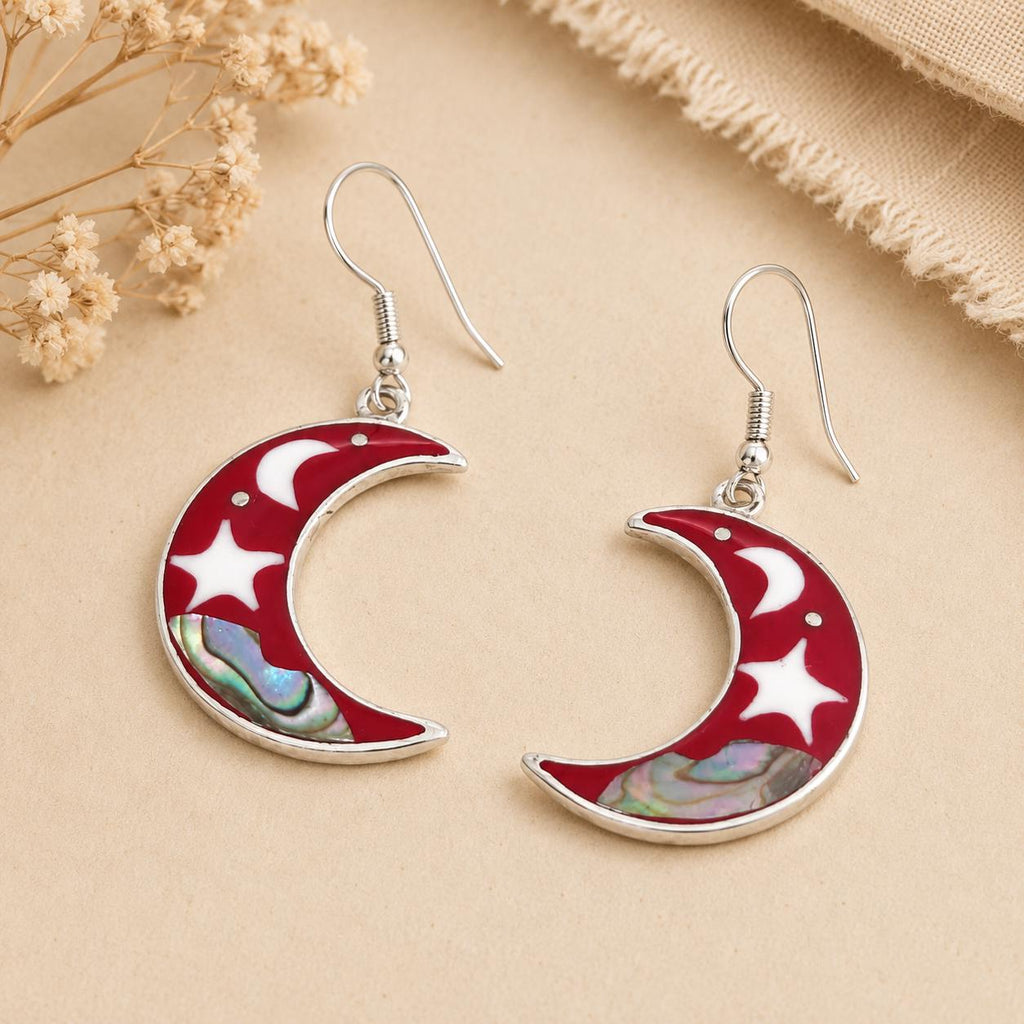 Silver Plated Celestial Moon Star Earrings, Abalone Nacre Resin, Taxco Mexico Boho Chic