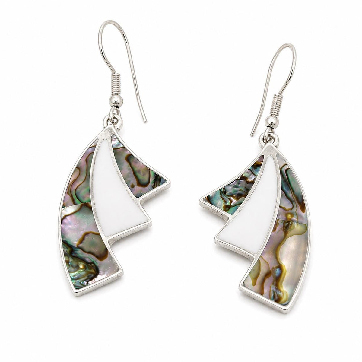 Silver Plated Abalone Fan Earrings: Mexican Art Deco Enamel Resin Geometric Design