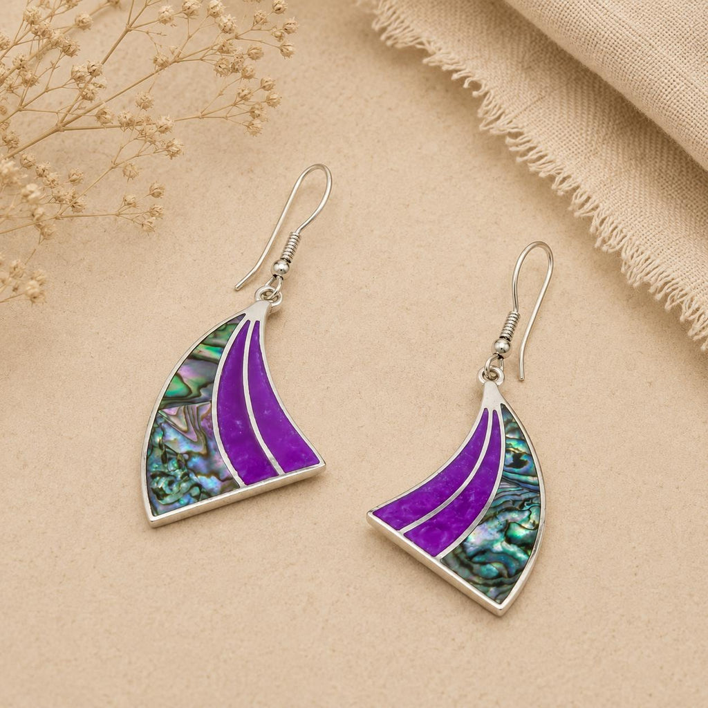 Art Deco Abalone Shell Bougainvillea Resin Earrings, Silver Plated Taxco Jewelry