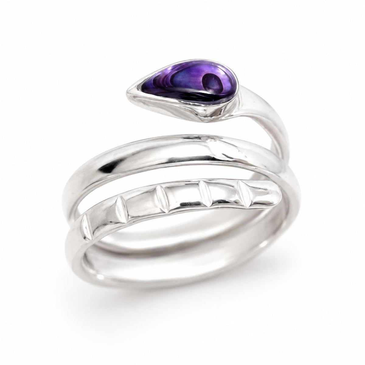 Handcrafted Snake Ring with Purple Abalone, Silver Plated 950, Mexican Artisan Jewelry