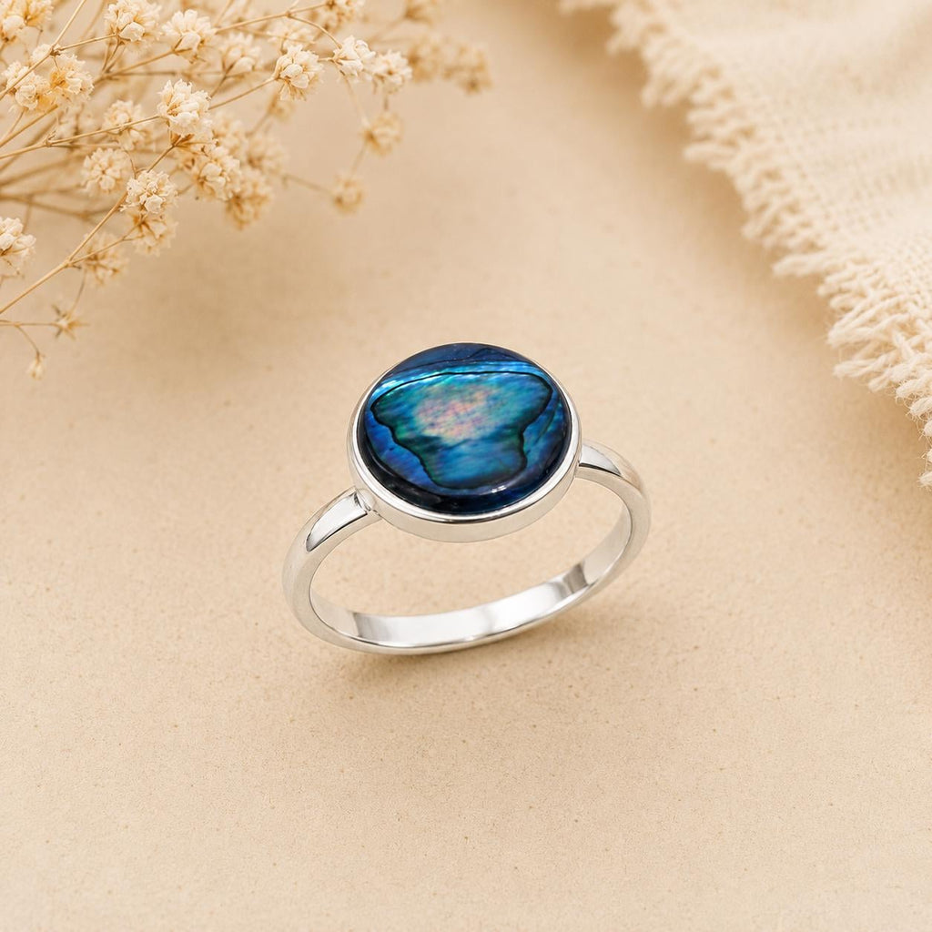 Elegant Handmade Silver Plated Mexican Ring with Blue Abalone