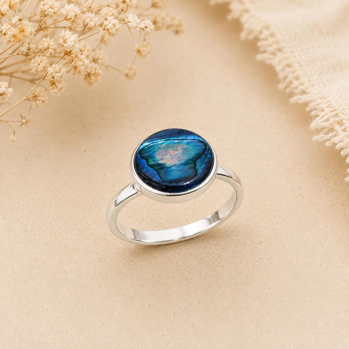 Elegant Handmade Silver Plated Mexican Ring with Blue Abalone