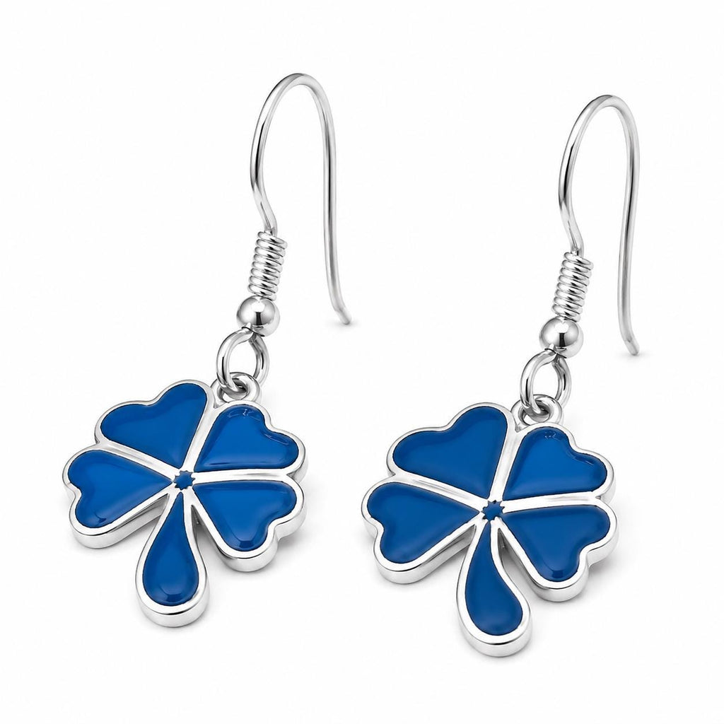 Silver Plated Blue Enamel Floral Clover Earrings, Taxco Boho Chic Style