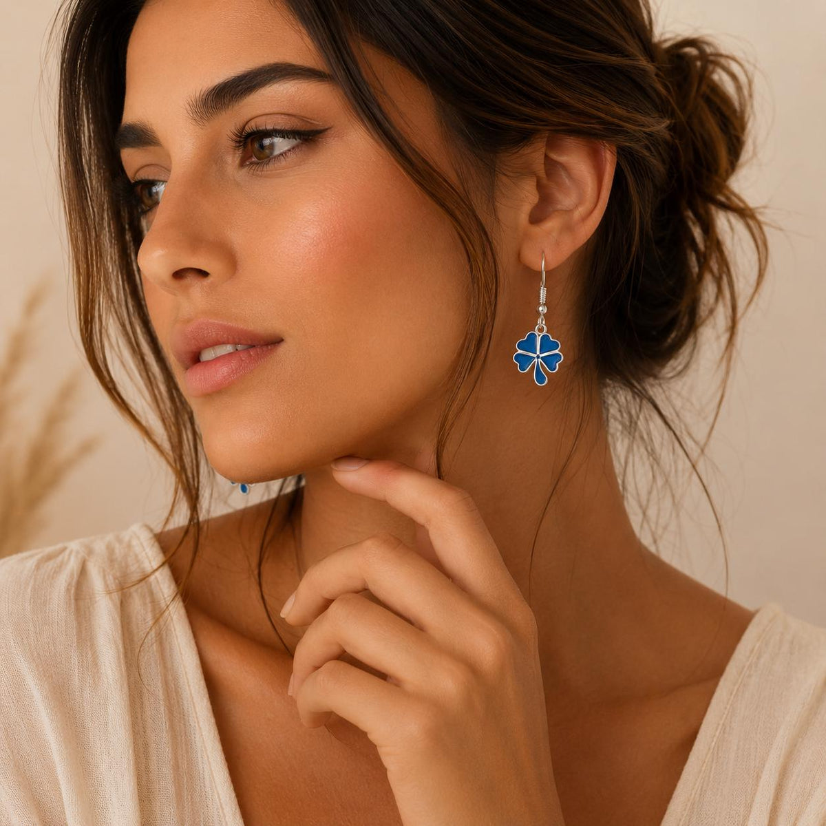 Silver Plated Blue Enamel Floral Clover Earrings, Taxco Boho Chic Style