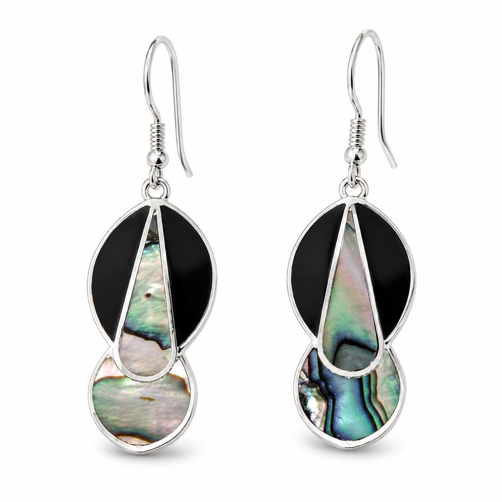 Handcrafted Mexican Silver Earrings with Abalone Shell & Resin Accents - Art Deco Geometric Design