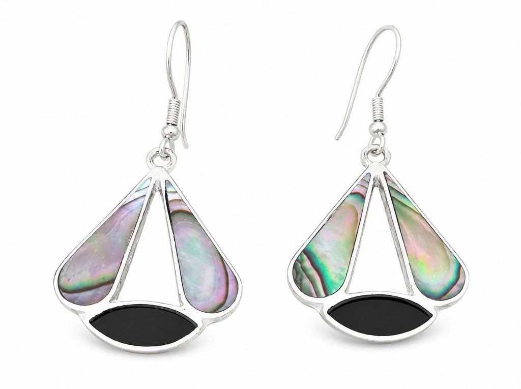 Exquisite Mexican Shell & Black Enamel Art Deco Dangle Earrings - Handmade Taxco Jewelry
