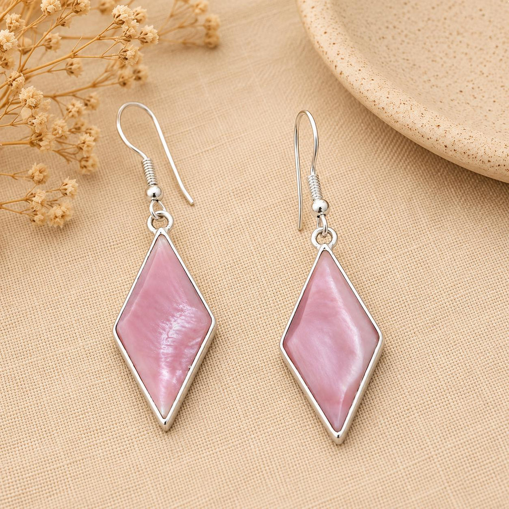 Rose Mother of Pearl Rhombus Earrings, Mexican Silver Plated, Geometric Jewelry