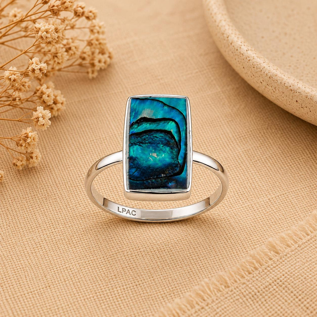Silver Plated Abalone Ring: Geometric Taxco Mexican Design