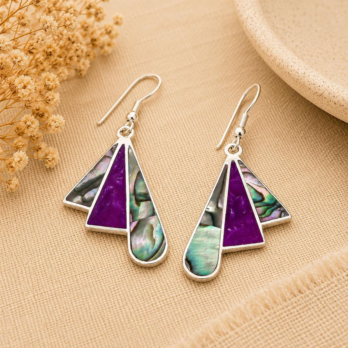 Exquisite Silver-Plated Abalone Shell Fan Earrings with Bougainvillea Resin - Handcrafted Mexican Jewelry from Taxco