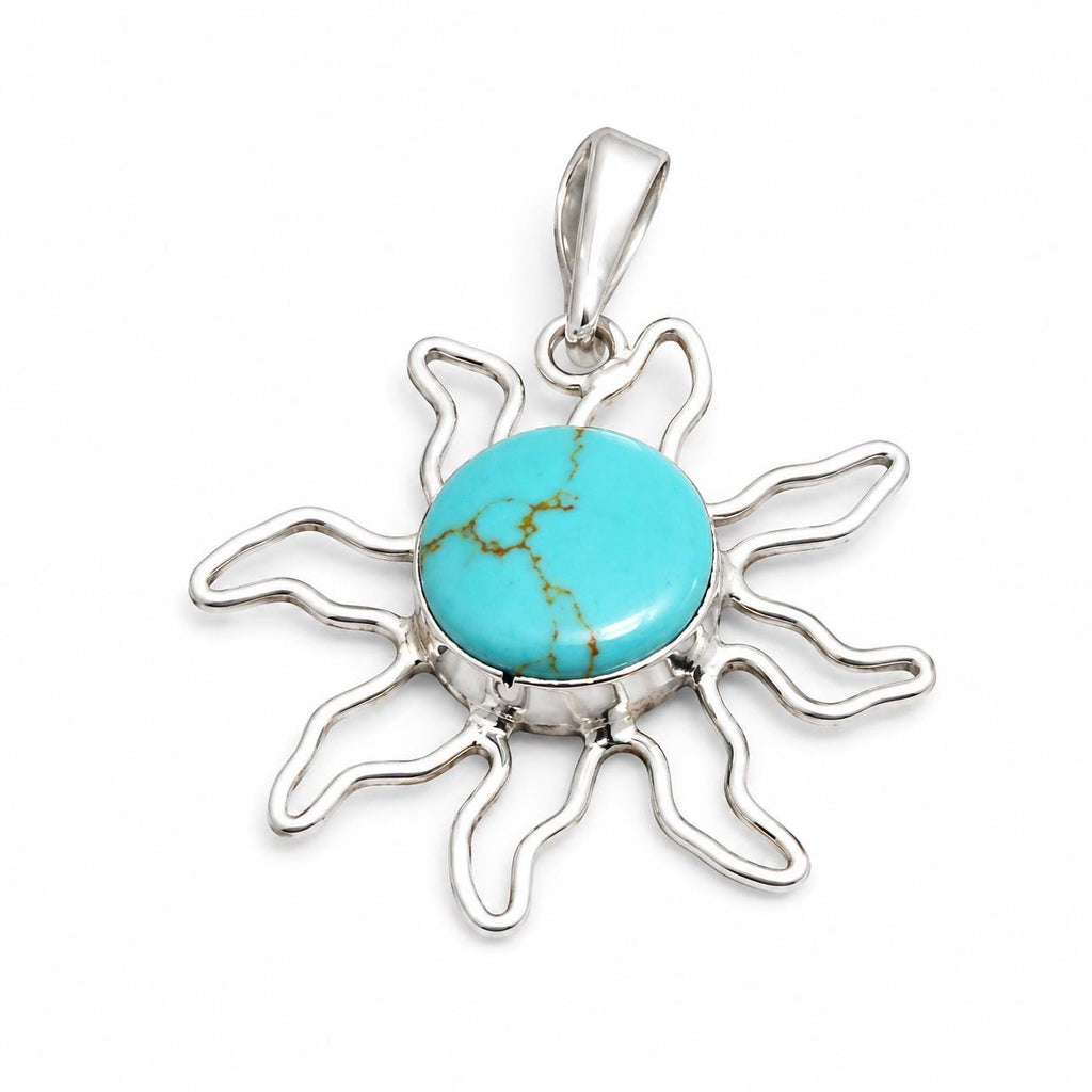 Handcrafted Turquoise Sun Pendant: Boho Chic Artisan Jewelry from Taxco, Mexico - Lightweight Cosmic Design