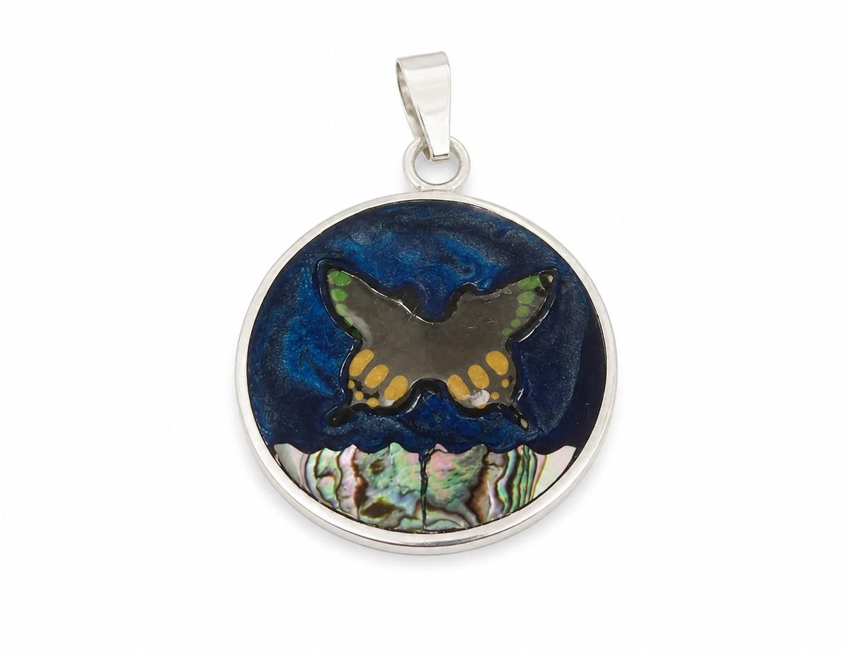 Mexican Artisan Abalone Butterfly Pendant: Bohochic Enamel Jewelry