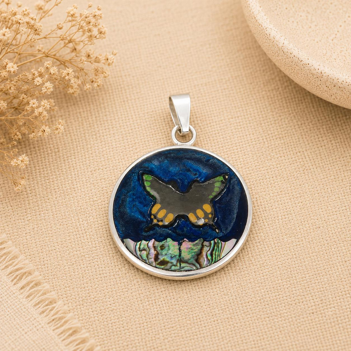 Mexican Artisan Abalone Butterfly Pendant: Bohochic Enamel Jewelry