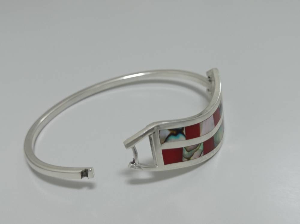 Silver plated mexican abalone inlay bangle, red geometric  bracelet,hinged cuf enamel effect resin bangle ,handmade  bracelet