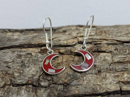 Abalone inlay  red  crescent moon earrings, Mexican earrings, Silver plated earrings, Hoop earrings, geometric jewelry, planet earrings.