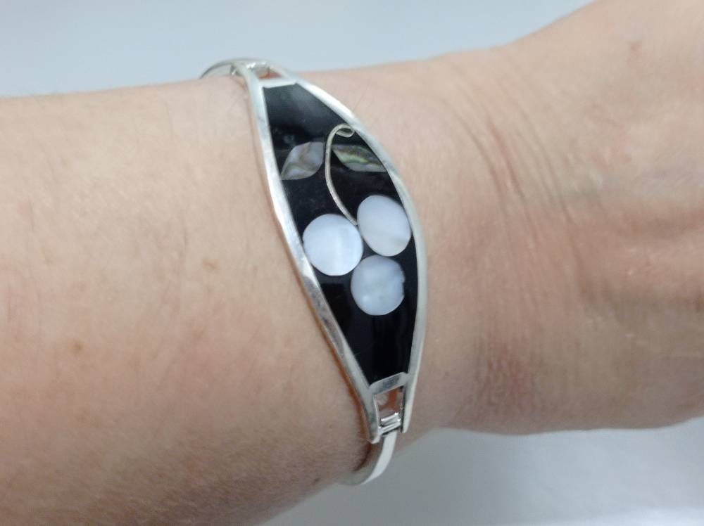 mexican mother of pearl inlay flower hinged bracelet, Silver plated black resin bracelet, cuff bangle ,handmade abalone inlay bracelet