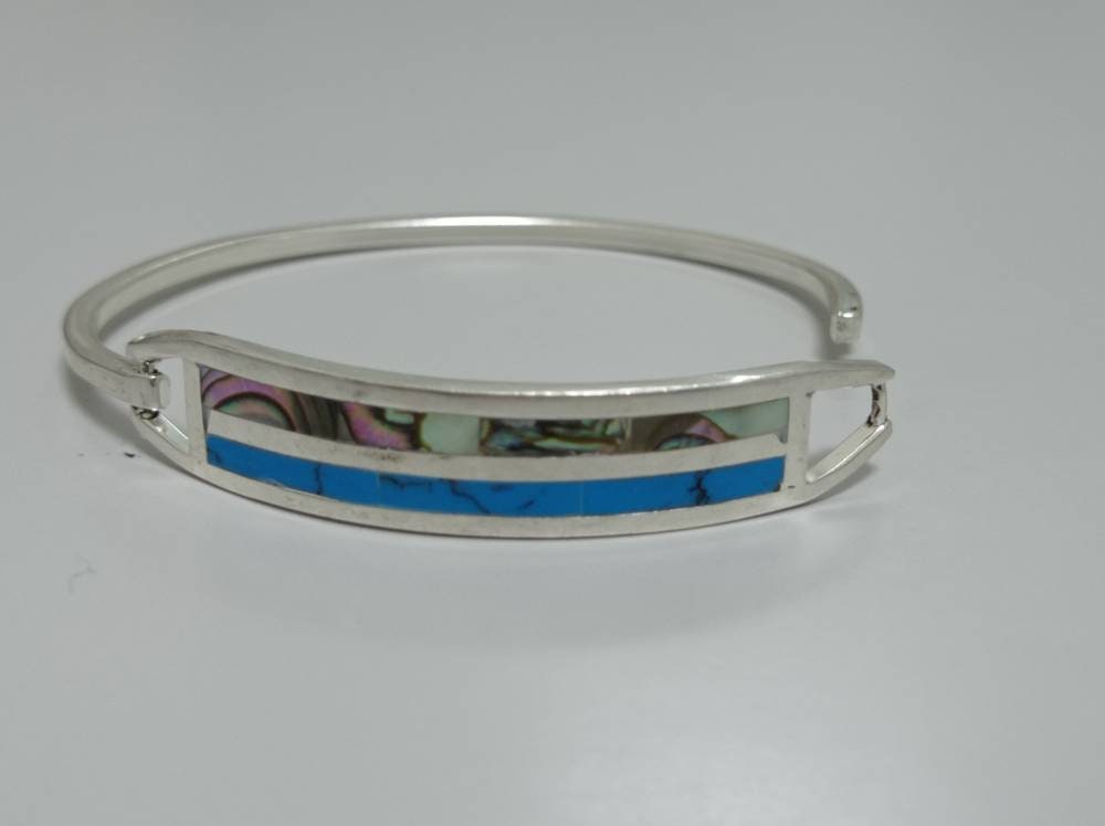 Abalone inlay mexican bangle bracelet, Silver plated hinged bar bangle  blue bracelet, geometric Boho jewelry, Ethnic handmade cuff bracelet