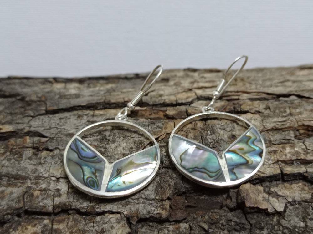 Iridiscent abalone shell hoop earrings, Mexican silver plated earrings, Hook earrings, geometric jewelry, Ethnic handmade earrings