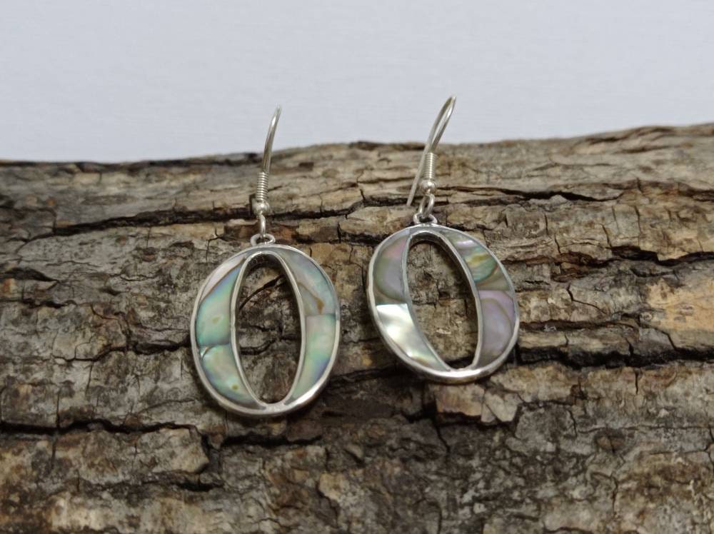 Abalone hoop taxco earrings, Mexican earrings, Silver plated earrings, Hook earrings, geometric jewelry,Bohochic jewelry, Ethnic earrings