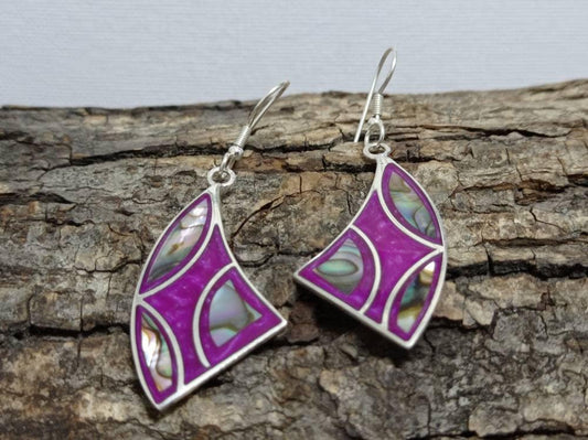 Mexican abalone inlay bougainvillea resin  earrings,handmade vintage  silver plated hook dangle earrings, geometric iridescent earrings,