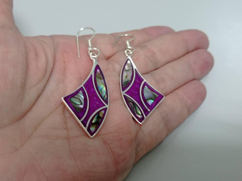 Mexican abalone inlay bougainvillea resin  earrings,handmade vintage  silver plated hook dangle earrings, geometric iridescent earrings,