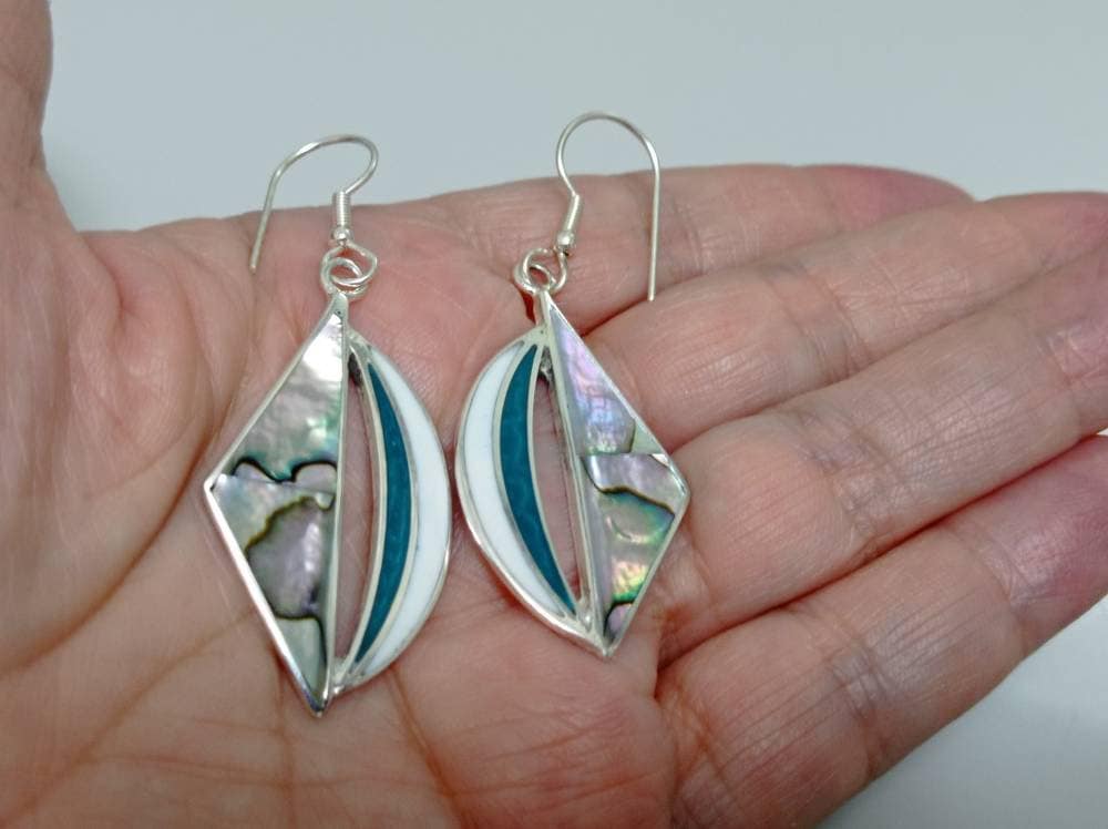 Abalone earrings, Mexican earrings, Silver plated earrings, Hook earrings, geometric Bohochic jewelry, Ethnic handmade earrings