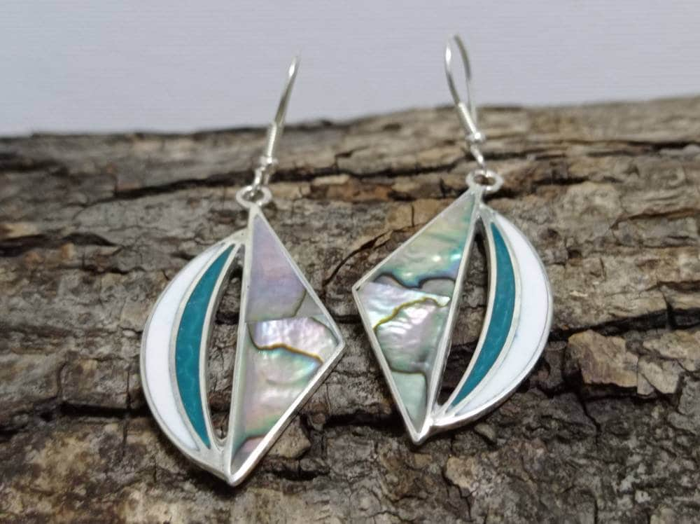 Abalone earrings, Mexican earrings, Silver plated earrings, Hook earrings, geometric Bohochic jewelry, Ethnic handmade earrings