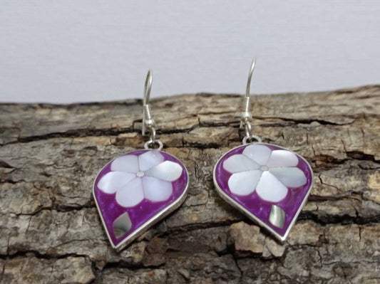 Mexican silver plated mother of pearl flower inlay earrings,bougainvillea resin drop  earrings, abalone inlay daisy hook dangle earrings