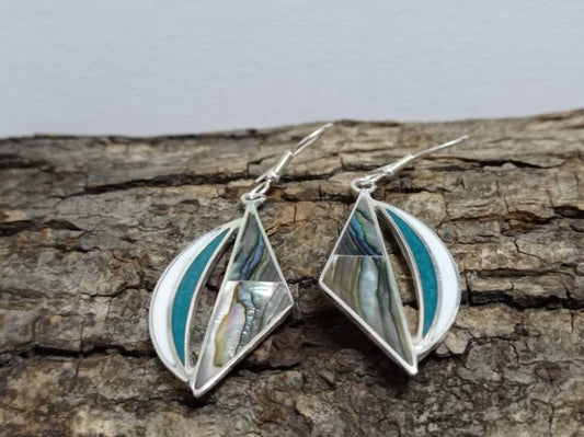 Mexican abalone inlay iridescent earrings,blue &white resin dangle earrings