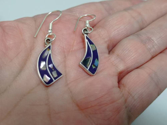 Vintage  abalone inlay purple enamel effect resin earrings, mexican silver plated earrings,  hand made hook dangle iridescent earrings,