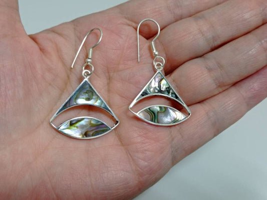 Mexican abalone shell inlay dangle earrings ,Silver plated earring, Hook earrings, geometric Boho jewelry,rainbow abalone  earrings