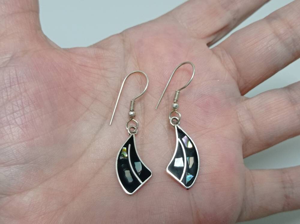 Mosaic abalone inlay black enamel earrings, Mexican earrings, Silver plated earrings, Hook earrings, geometric jewelry,Bohochic jewelry,