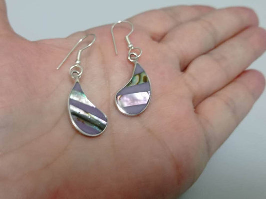 Silver plated abalone inlay drop purple earring, Silver plated earrings, Hook earrings, geometric dangle jewelry,Bohochic ethnic earrings