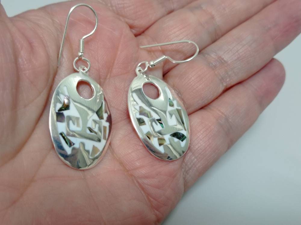 Abalone inlay earrings, Mexican earrings,Silver plated aztec hoop earrings, hook white  earrings,geometric earrings,Ethnic handmade earrings